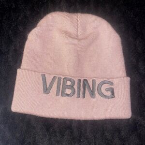 Vibing Beanie Hat Light Pink Knit Word Embroidered Winter Warm Casual